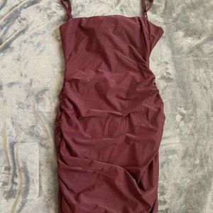 Tiger Mist Sunrise Ruched Tie-bacl Plum Dress NWT